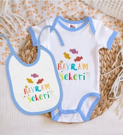 Resim Bk Kids Bayram Şekeri Tasarımlı Mavi Bebek Body Zıbın Ve Mama Önl Çok Renkli 