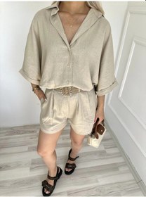 Resim Keymoda Kadın Gömlek Şort Keten Takım Taş Rengi Taş Rengi 