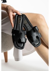 Resim Siyah Önü Yanı Açık Kadın Terlik Dış Mekan Ve Ev Terliği Siyah 