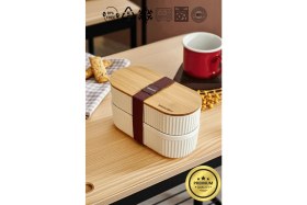 Resim Bambu Kahvaltılık Saklama Kabı Iki Bölmeli Büyük Lunch Box 