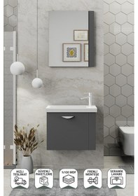 Resim Biani Fix Maxila 60 Cm Seramik Lavabolu, Aynalı, Banyo Dolabı, Lavabo Dahil, Mdf,Mat Gri 