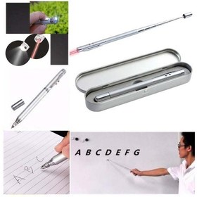 Resim Metal Kutulu Kırmızı Lazerli, Led Işıklı Pointer Kalemi Rehber İşaretçi Uzayan Metal Tükenmez Kalem Gümüş 