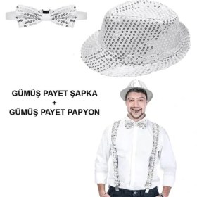 Resim Gümüş Payetli Şapka ve Papyon Seti – Parıltılı Yetişkin Kostüm Seti 