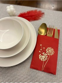 Resim Gold Yaldızlı Kırmızı Cepli Hindiba Çiçeği Peçete 12 Adet 