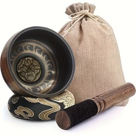 Resim Tibet Çalgı Kâseleri Seti - El yapımı bakır ses kâsesi, çekiçli tasarım, yoga, meditasyon, farkındalık, çakra dengesi için çekiç ve çekme torbası içerir - Siyah 