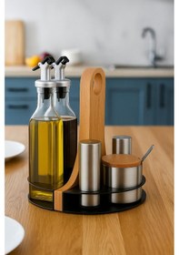 Resim Metal Ahşap Standlı Tezgah Üstü Baharatlık Ve Yağdanlık Seti - 2'lü Cam Yağlık Ve 3'lü Paslanmaz Baharatlık Siyah 