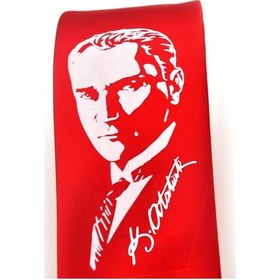 Resim Atatürk Portre Ve İmza Baskılı Slim Fit Saten Kırmızı Kravat - Ak-08 Kırmızı 