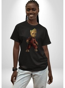 Resim Bebek Groot Guardians Galaxy Pamuklu Bisiklet Yaka Unisex Oversize Boyfriend Dijital Baskılı Siyah T-shirt Siyah 