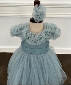 Resim Butikhappykids Kız Çocuk Mavi Yakası Gül Çiçekli Bandanalı Kısa Tüllü Abiye 9-36 Ay Mavi 