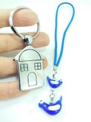 Resim cuaderno Metal Ev Anahtarlık+Yavrulu Kuş Cam Nazar Boncuğu Araba Dikiz Ayna Süsü Hediyelik İkili Set 