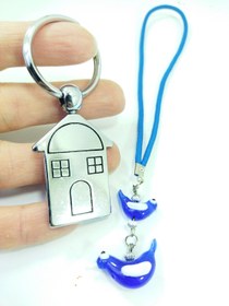 Resim cuaderno Metal Ev Anahtarlık+Yavrulu Kuş Cam Nazar Boncuğu Araba Dikiz Ayna Süsü Hediyelik İkili Set 