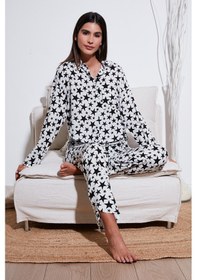 Resim Lela Desenli Rahat Kesim Bol Paça Yazlık Bayan Pijama Takımı 6110014 Beyaz 