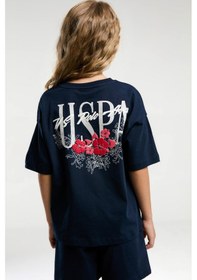 Resim U.s. Polo Assn. 2072 Garson Çiçek Desenli Kız Çocuk Lacivert Bisiklet Yaka Kısa Kollu Şort Pijama Takım Lacıvert 
