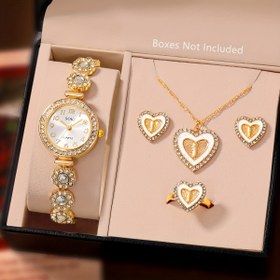 Resim Kadın Saati 5 Parça Altın Renkli Kristal Kuvars Saat ve Aşk Kalpli Kolye, Küpe, Yüzük Takımı - Günlük Kullanım İçin Uygun, Mevsim Geçişleri, Mezuniyet, Şükran Günü için En İyi Hediye Seti (Kutusuz) 