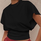 Resim Kadınlar için Günlük Siyah Kısa Kollu Cropped Üst - Ayarlanabilir Bel Bağcıklı, Nefes Alabilen Polyester Karışımı, Makinede Yıkanabilir Yuvarlak Yaka Gömlek Her Mevsim Giyime Uygun, Kısa Kollu Bluzlar, Çok Yönlü Moda, Rahat Giysi 