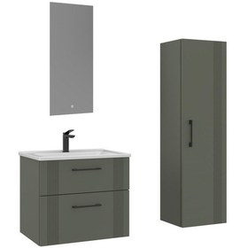 Resim Orka Bari 65 Cm Mat Yeşil Led'li Aynalı Banyo Dolabı Takımı Ve Boy Dolabı Mat Yeşil 