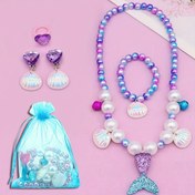 Resim 6'lı set kızlar için denizkızı takı seti, denizkızı imitasyon inci kolyeler, bilezikler, yüzükler, küpeler, organza çantalar, denizkızı partisi, Halloween, Noel, Paskalya tatilleri, doğum günü hediyeleri 