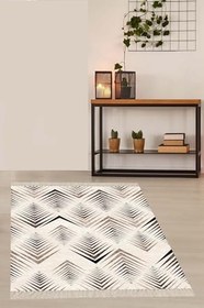 Resim On The Clouds Geometrik Çizgi Desenli Dijital Baskı Yıkanabilir Kaymaz Taban Etnik Kilim Desen Salon Halı MEG614, 160 x 230 