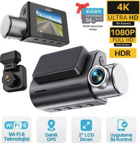 Resim Kawa D7 2 Kameralı Ön Ve Arka 4k+1080p Hdr Wi-fi 6 Ve Gps'li Araç Kamerası + 64gb Hafıza Kartı 