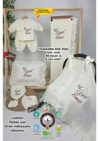 Resim Gros Shop Müslin Yeni Doğan 4katlı Organik %100pamuk Kişiye Özgü Nakışlı Hastane Çıkış Seti İkili Dal Model-5 Ekru 