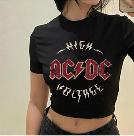 Resim Gofeel Acdc Desenli Siyah Renkli Harajuku Kadın Crop Bluz Tişört 