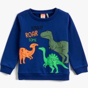 Resim Erkek Bebek Dinozor Baskılı Sweatshirt Uzun Kollu Bisiklet Yaka 