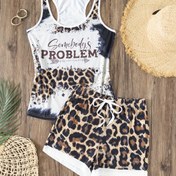 Resim Kadınlar için Leopar Desenli Tatil Kıyafeti - Kolsuz Tank Top & İpli Şort Takımı, Makinede Yıkanabilir 