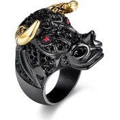 Resim Boğa Yüzük Rhinestone Taşlı Black Bull Gold Horn 316L Paslanmaz Ç Bronz 
