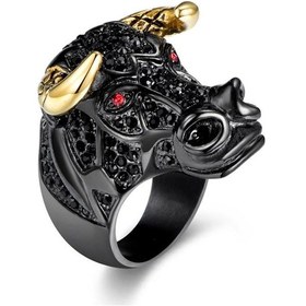 Resim Boğa Yüzük Rhinestone Taşlı Black Bull Gold Horn 316L Paslanmaz Ç Bronz 