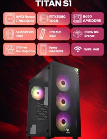 Resim Game Garaj Titan S1 R7-7800X3D 64 GB 1 TB SSD RTX5080 Free Dos Masaüstü Oyuncu Bilgisayarı 