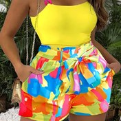 Resim Plus Beden, Plus Beden Kadınlar İçin Yüksek Bel Geometrik Desenli Günlük Tatil Şortu - Ayarlanabilir İp Bel, Hafif Esnek Olmayan Kumaş, Makinede Yıkanabilir Yazlık Resort Giyim, Plaj Kıyafeti, Saydam Olmayan Kumaş, Şık Stil, Nefes Alabilen Malzeme, Kıvrım Modası 