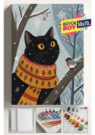 Resim Sayılarla Boyama Seti Numaralı Tuval Fırça Boya Dahil Kasnaklı Set 50x70 Cm - Minik Kuş Ve Kedi 