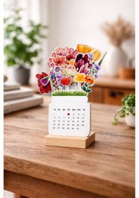 Resim Çiçekli Dekoratif Masa Takvimi Ahşap Standlı, Parlak Fotoğraf Kağıdı 10 21 Cm 