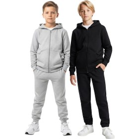 Resim Panios Kids 2'li Fermuarlı Kanguru Cepli Kapüşonlu Düz Baskısız Erkek Çocuk Eşofman Takımı Gri - Siyah 