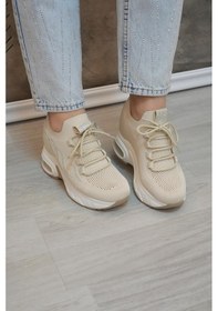 Resim Nancy Guja İthal Özel Seri İçten Gizli Dolgu Yan Taş Detaylı Triko Kadın Spor Ayakkabı Bej Bej 