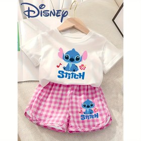 Resim Gerçekleştirilmiş Yetişkin Kızlar Stitch Karikatür Desenli Plaid Şort + Beyaz Kısa Kollu İki Parça Takım Cilt Dostu, Nefes Alabilir ve Rahat Kumaş Canlandırıcı ve Enerjik Yaz Giyim Günlük Eğlence Temel Kızlar Seçimi Hediyesi 