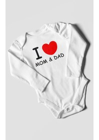Resim I Love Mom And Dad Baskılı Bebek Zıbını Çıtçıtlı Body %100 Pamuk Uzun Kol Beyaz 