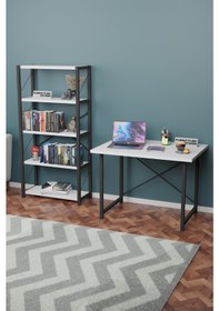 Resim Metal Kitaplık 5 Raflı + 60x90 Cm Çalışma Masası Beyaz 
