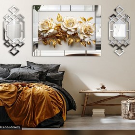 Resim Evinemoda Beyaz Gül Gold Yapraklı Yan Dekorlu 3 Parça Gümüş Pleksi Tablo 