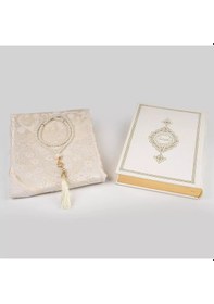 Resim Kuran + Seccade + Tesbih Hediye Seti Hafız Boy, Termo Deri, Desenli Kutu, Beyaz 