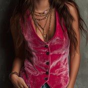 Resim Retro Batı Tarzı V Yaka Kollu Kolsuz Şalvar - Pembe Wild West Stili Sahte Cep Detaylı Jacket, Esnek Bel Aksanlı Çiftlikçi Üstü, İlkbahar Yaz Sonbahar İnce Giyim (Makinede Yıkanabilir) 