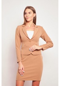 Resim Yakalı Flato Cepli Uzun Kol Pamuklu Kumaş Kısa Blazer Ofis Ceket-camel CAMEL 