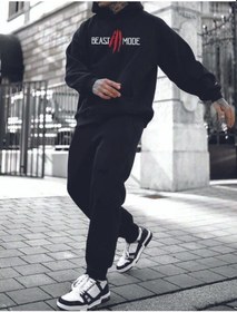 Resim Beast Mode Eşofman Takımı Sweatshirt Jogger - Siyah Baskılı Oversize Şardonlu Kapüşonlu Siyah 