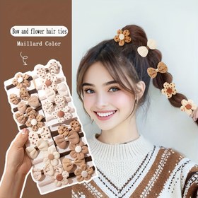 Resim 10 Adet Şık Kahverengi & Bej Çiçekli Saç Lastikleri Fiyonk Detaylı - Dayanıklı Polyester Karışımı, Şık At Kuyrukları & Günlük Kullanım İçin Her Mevsim Uygunluk 