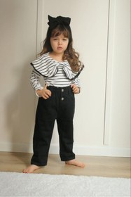 Resim Asortik Kids Kız Çocuk Çizgili Fiyonklu Bluz + Pantolon 2'li Set Şık Set-K010-JLB-079 