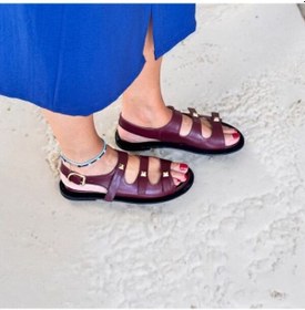 Resim Ne&ve Shoes Bordo Hakiki Deri Gold Aksesuarlı Günlük Rahat Sandalet 