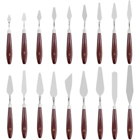 Resim Ahşap Saplı Profesyonel Yağ ve Akrilik Boyalar için 18 Parça Paslanmaz Çelik Spatula Palet Bıçak Seti 