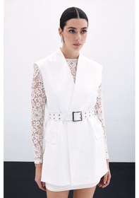 Resim Sateen Kemerli Uzun Yelek - Ekru-135806 Ekru 