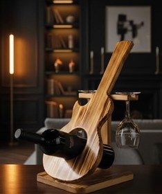 Resim Doğal Ahşap Gitar Şaraplık Şişe ve Kadeh Standı Dekoratif Sunum Rafı Hediye 