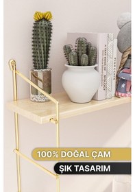 Resim Bino Duvar Rafı Masif Doğal Ahşap Büyük Boy Geniş 2 Katlı Gold Kitaplık Terek Mutfak Rafı Banyo Rafı 